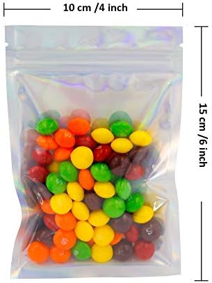 100 Csomag Holografikus Táskák 4x6 Cm, Resealable Mylar Táskák Élelmiszer Biztonságos ZipLock Élelmiszer Tárolására