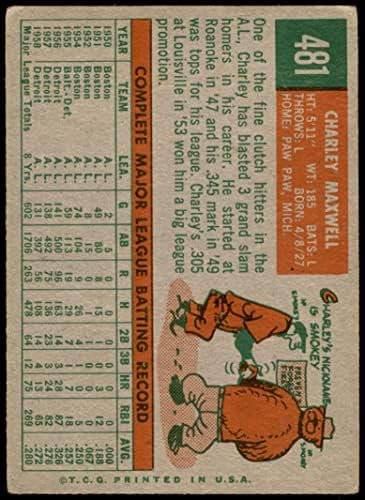 1959 Topps 481 Charley Maxwell Detroit Tigers (Baseball Kártya) Dean Kártyák 2 - JÓ Tigrisek