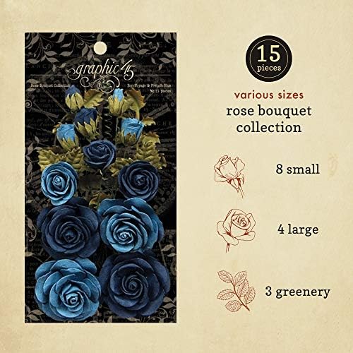 Grafikus 45 Rózsa Csokor Gyűjtemény—Bon Voyage & Francia Kék Papír Virágok, Multi