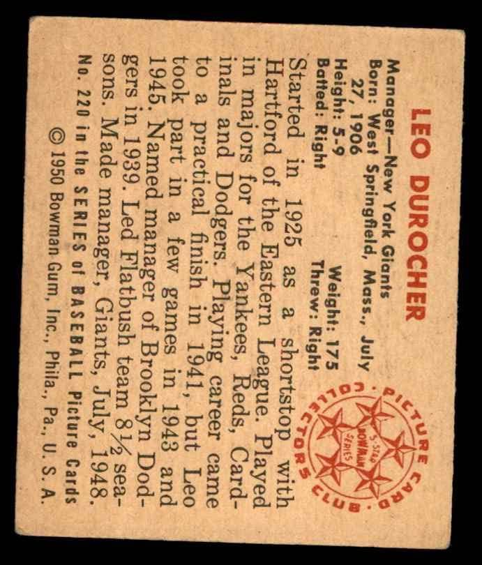 1950 Bowman 220 Leo Durocher New York Giants (Baseball Kártya) VG/EX Óriások