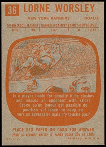 1960 Topps Rendszeres Jégkorong card36 Gump Worsley a New York Rangers Kiváló Minőségű